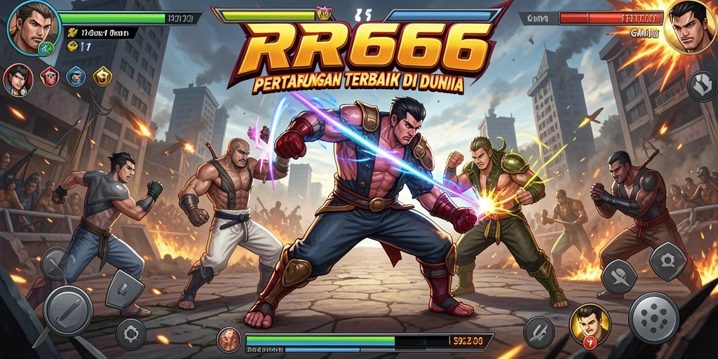 Screenshot utama menunjukkan karakter bertarung dengan grafik menawan di RR666.