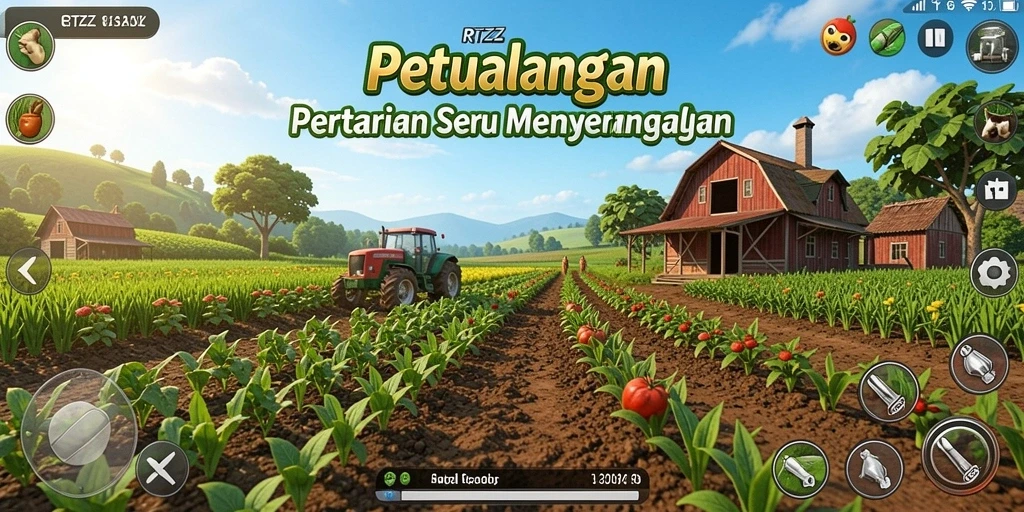 Screenshot menampilkan gameplay seru dari RTZZ dengan lahan pertanian yang hijau.