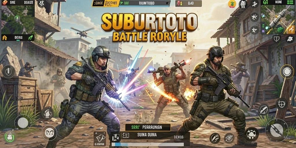 Screenshot utama SUBURTOTO menampilkan pemain bertempur di arena seru Battle Royale.